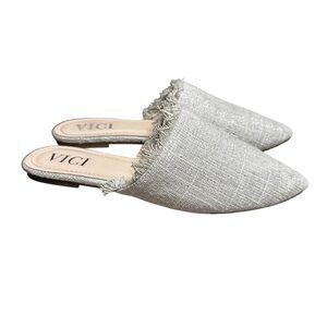 Vici Gray Tweed Fringe Mules Slip On Pointed Toe Flats Size 8.5